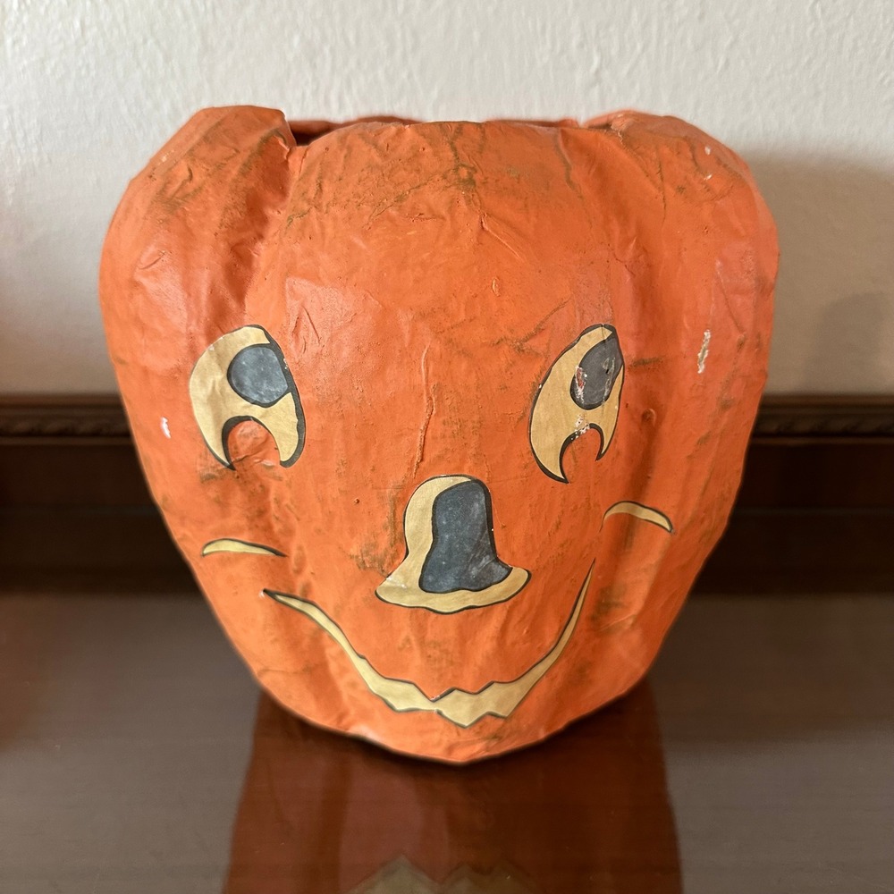 Vintage Paper Mache Jack O Lantern Halloween Pumpkin Decor‎ Orange 7x9